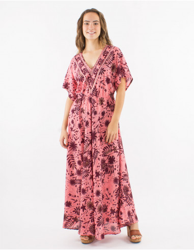 Long polyester dres with short sleeves and "aster dore" print