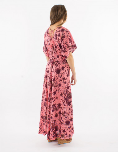 Long polyester dres with short sleeves and "aster dore" print