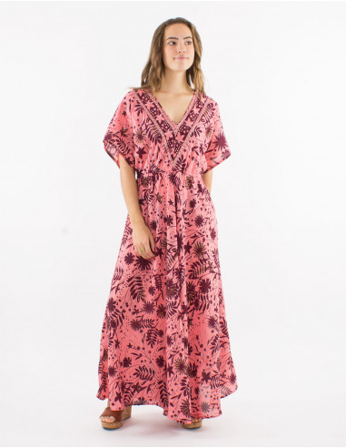 Long polyester dres with short sleeves and "aster dore" print