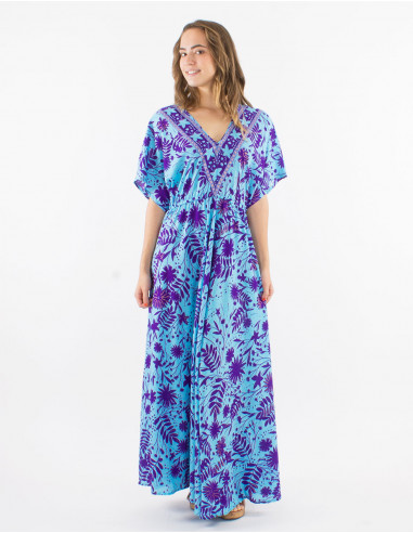 Long polyester dres with short sleeves and "aster dore" print