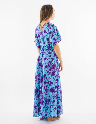 Long polyester dres with short sleeves and "aster dore" print
