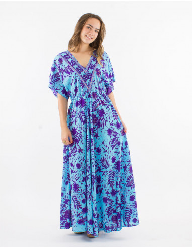 Long polyester dres with short sleeves and "aster dore" print