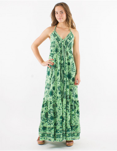 Polyester backless dress and "aster dore" print