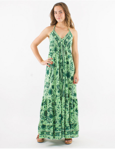 Polyester backless dress and "aster dore" print