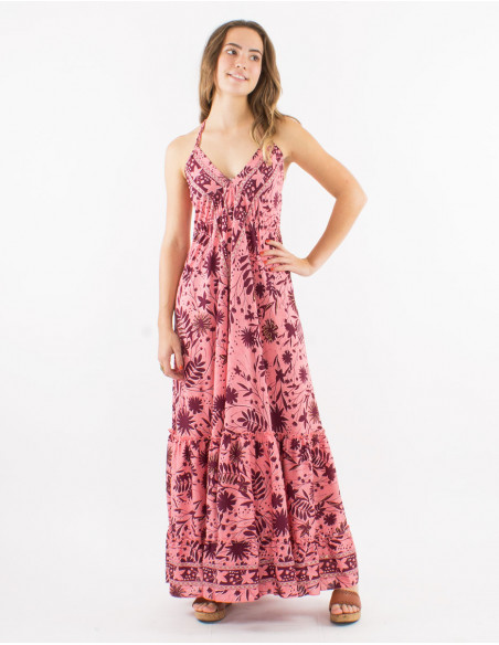 Polyester backless dress and "aster dore" print