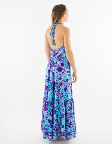 Polyester backless dress and "aster dore" print