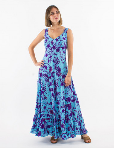 Long polyester large straps dress and "aster dore" print