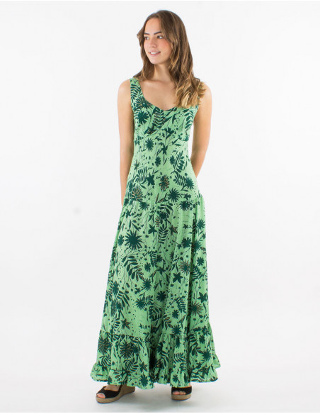 Long polyester large straps dress and "aster dore" print