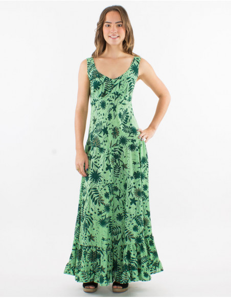 Long polyester large straps dress and "aster dore" print