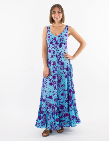 Long polyester large straps dress and "aster dore" print