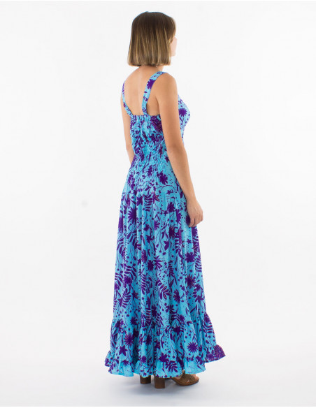 Long polyester large straps dress and "aster dore" print