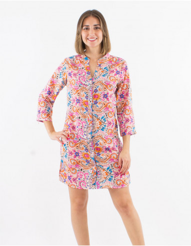 Short polyester buttoned dress with 3/4 roll-up sleeves and "aquarelle" print