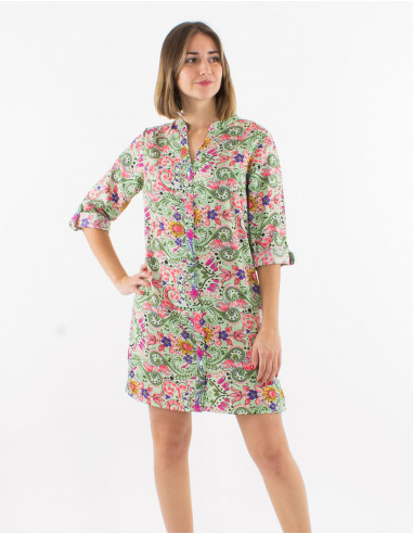 Short polyester buttoned dress with 3/4 roll-up sleeves and "aquarelle" print