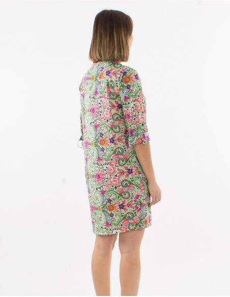 Short polyester buttoned dress with 3/4 roll-up sleeves and "aquarelle" print