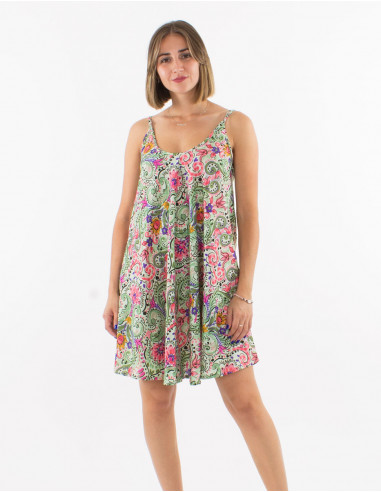 Short polyester dress with straps and "aquarelle" print