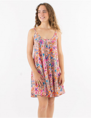 Short polyester dress with straps and "aquarelle" print