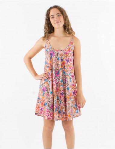 Robe courte polyester bretelles imprimé aquarelle