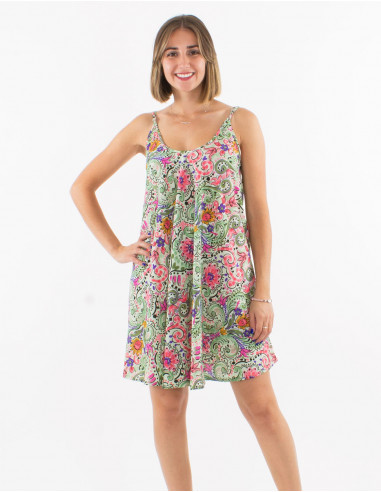 Short polyester dress with straps and "aquarelle" print
