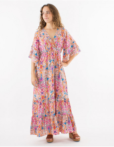 Long polyester ruffled dress with short sleeves and "aquarelle" print