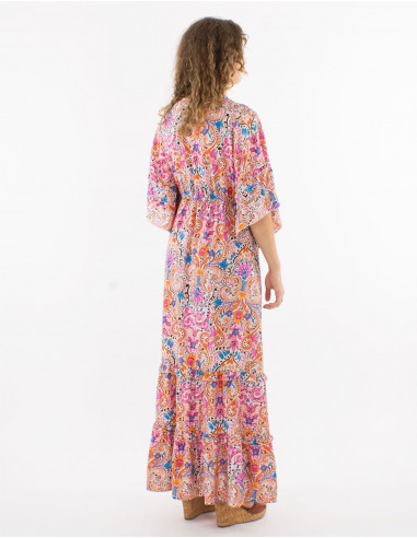 Long polyester ruffled dress with short sleeves and "aquarelle" print