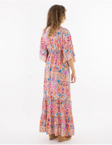 Long polyester ruffled dress with short sleeves and "aquarelle" print