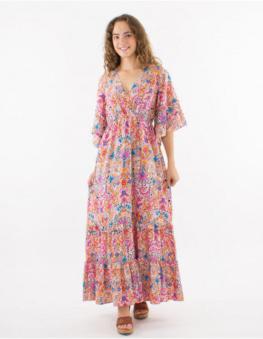 Long polyester ruffled dress with short sleeves and "aquarelle" print