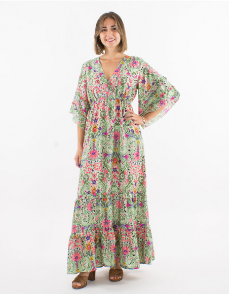 Long polyester ruffled dress with short sleeves and "aquarelle" print