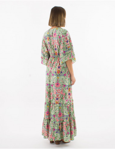 Long polyester ruffled dress with short sleeves and "aquarelle" print
