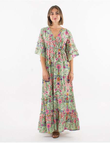 Long polyester ruffled dress with short sleeves and "aquarelle" print