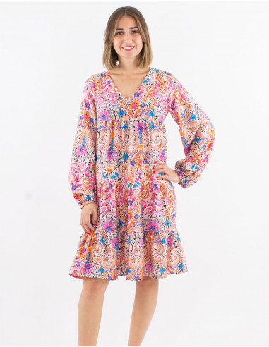 Polyester dress with long sleeves and "aquarelle" print