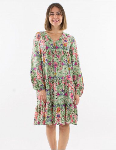 Polyester dress with long sleeves and "aquarelle" print