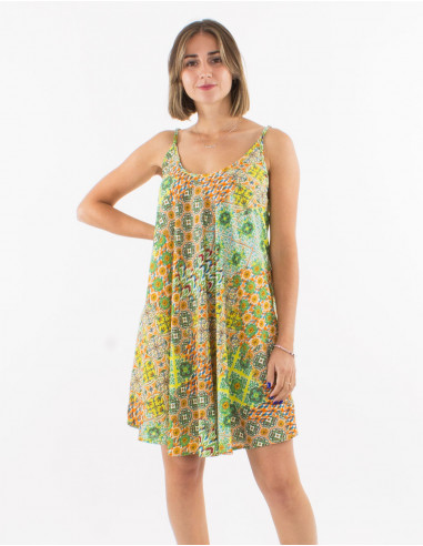 Short polyester dress with straps and "mozaique" print