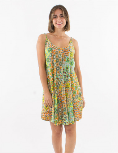 Short polyester dress with straps and "mozaique" print