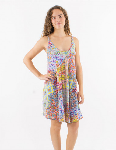Short polyester dress with straps and "mozaique" print