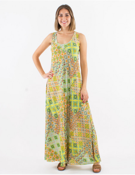 Long polyester sleeveless dress with "mozaique" print
