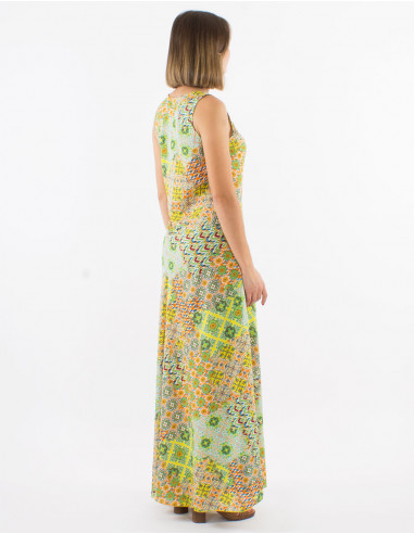 Long polyester sleeveless dress with "mozaique" print