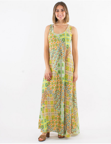 Long polyester sleeveless dress with "mozaique" print