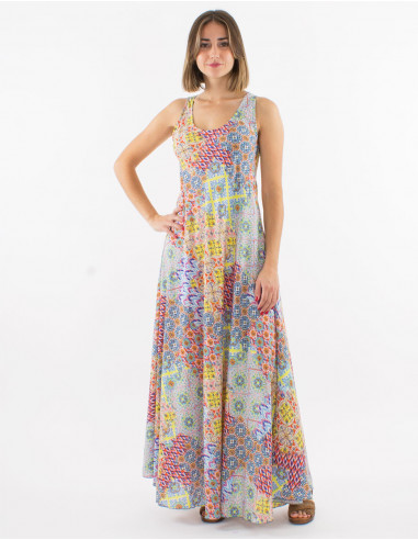 Long polyester sleeveless dress with "mozaique" print
