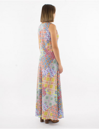 Long polyester sleeveless dress with "mozaique" print