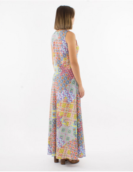 Long polyester sleeveless dress with "mozaique" print