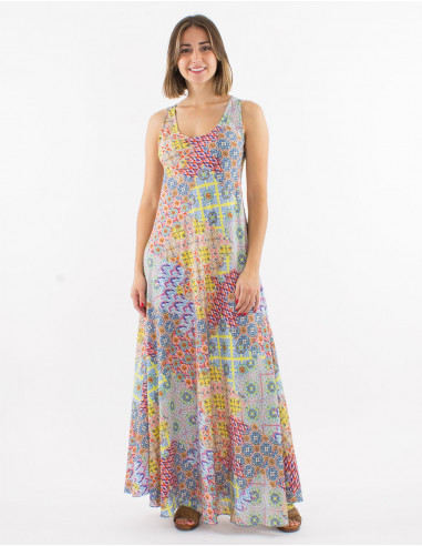 Long polyester sleeveless dress with "mozaique" print