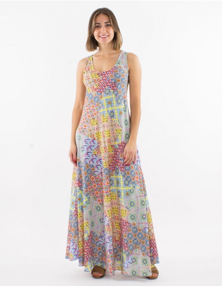 Long polyester sleeveless dress with "mozaique" print