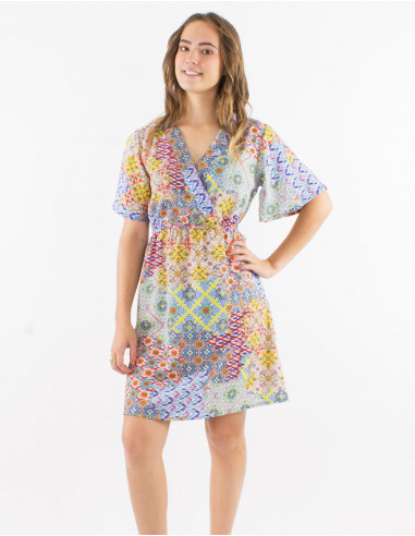 Polyester dress with short sleeves and "mozaique" print