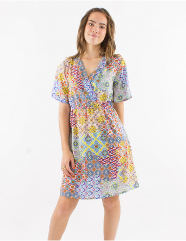 Polyester dress with short sleeves and "mozaique" print