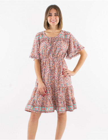 Polyester ruffled dress with short slleves and floral print