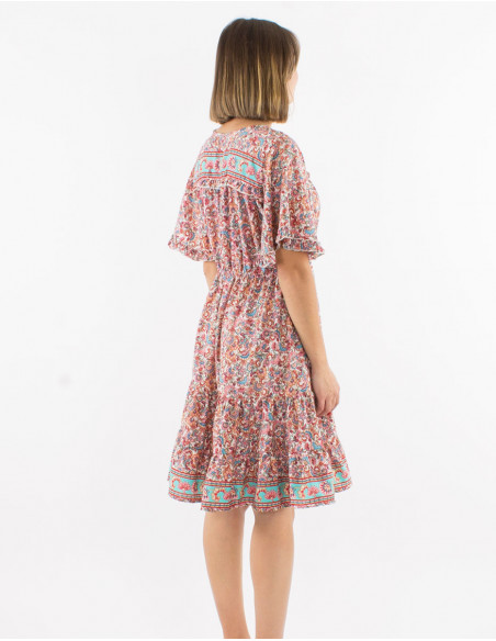 Polyester ruffled dress with short slleves and floral print