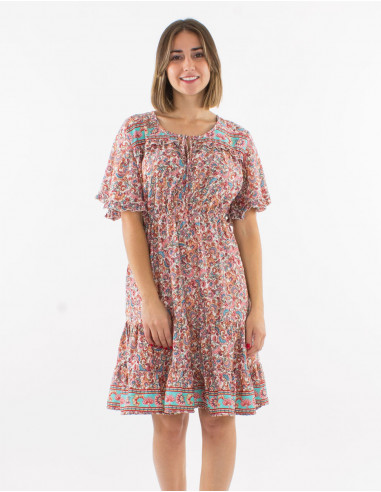 Polyester ruffled dress with short slleves and floral print