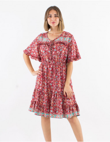 Polyester ruffled dress with short slleves and floral print
