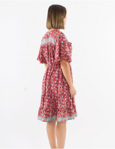 Polyester ruffled dress with short slleves and floral print