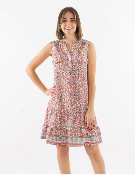Robe polyester poches poitrine sans manches imprimé floral